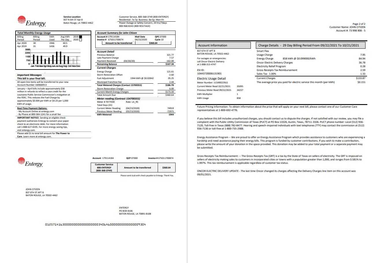 USA Entergy electricity utility bill template in Word and PDF format (2 pages)